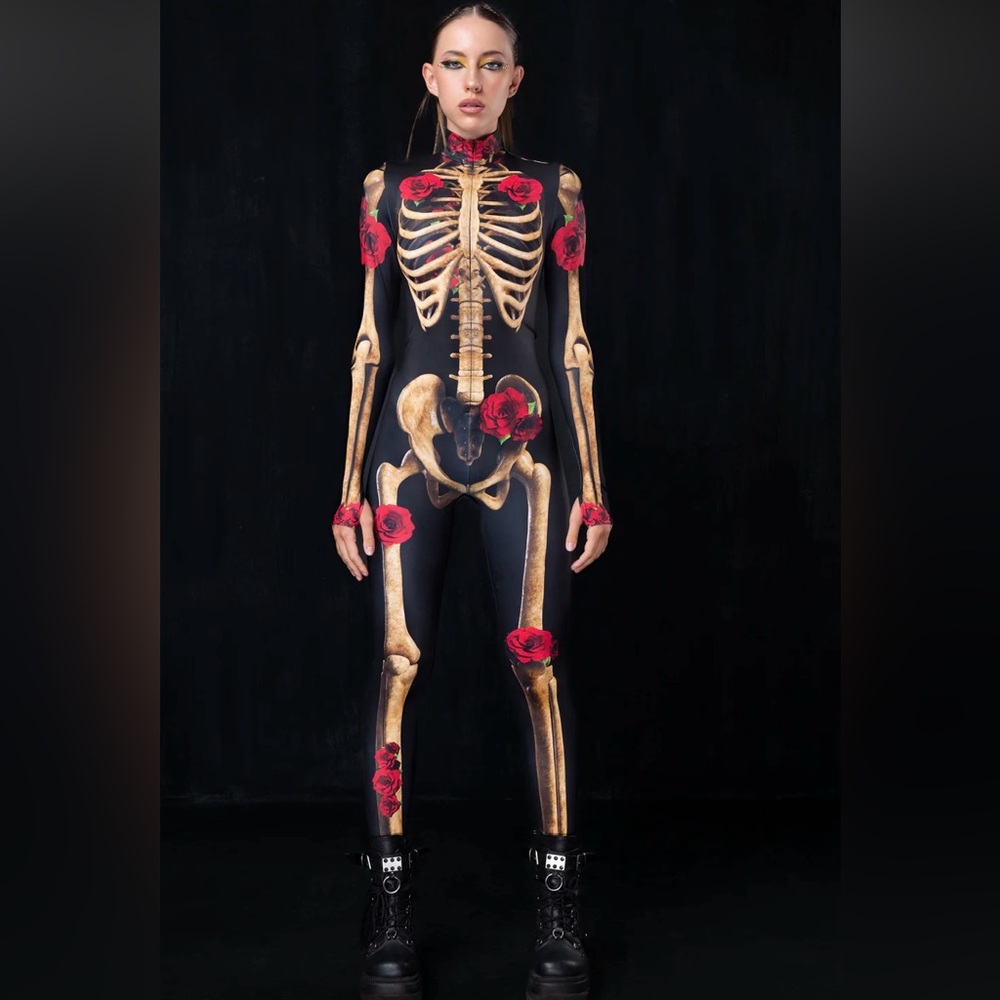Badinka Skeleton Print Rave Bodysuit with Red Rose Accents